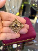 Load image into Gallery viewer, Vintage 1960s Signed Andreas Daub German Rolled Gold & Genuine Garnet Filigree Brooch Midcentury