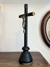 Load image into Gallery viewer, Antique Black Ebony Wood & Metal Altar Standing Tabletop Pedestal Crucifix Skull and Crossbones 11” Tall