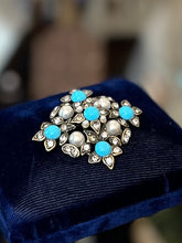 Load image into Gallery viewer, Vintage Signed HOBE Rhinestone Faux Pearls & Faux Turquoise Cabochon Brooch