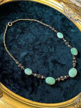 Load image into Gallery viewer, Antique Vintage Art Deco 1920s 1930s Filigree Brass Natural Jadeite Jade Oval Cabochon Necklace 16.75”