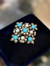 Load image into Gallery viewer, Vintage Signed HOBE Rhinestone Faux Pearls & Faux Turquoise Cabochon Brooch