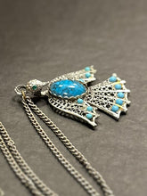Load image into Gallery viewer, Vintage Southwestern Large Thunderbird Faux Turquoise Cabochon & Silver Tone Pendant Necklace Statement 24.25”