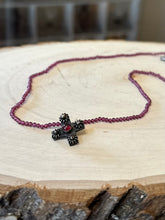 Load image into Gallery viewer, Vintage Signed ATA Sterling Silver and Genuine Garnet Fine Beaded Byzantine Cross Necklace Toggle Closure