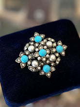 Load image into Gallery viewer, Vintage Signed HOBE Rhinestone Faux Pearls & Faux Turquoise Cabochon Brooch