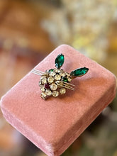 Load image into Gallery viewer, Vintage 1950s Unsigned Round Prong Set Clear, Emerald Green, & Red Rhinestones Dimensional Bunny with Whiskers Brooch Pin