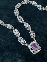 Load image into Gallery viewer, Art Deco Revival Signed Lauren Taylor Sterling Silver Filigree Faux Amethyst Necklace