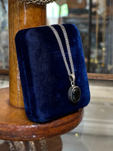 Load image into Gallery viewer, Vintage Postmodern Sterling Silver Oval Black Mother of Pearl Cabochon Pendant Necklace Triple Strand Chain 18”