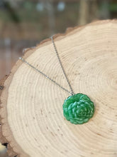 Load image into Gallery viewer, Vintage Carved Green Slag Glass Cabbage Rose Pendant Necklace Dainty Silver Tone Chain 15.25”