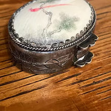 Load image into Gallery viewer, Antique Silver Red Bird Tree Branch Pill Box Container Engraved Flower Design
