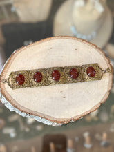 Load image into Gallery viewer, Antique 1910s 1920s Floral Brass & Hand Faceted Carnelian Cabochon Panel Link Bracelet Art Nouveau 7”