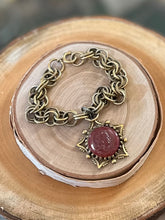 Load image into Gallery viewer, Vintage Midcentury Gold Tone Victorian Revival Red Glass Intaglio Cameo Fob Charm Bracelet 7”
