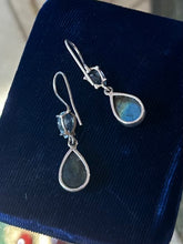 Load image into Gallery viewer, Vintage Sterling Silver Genuine Labradorite Cabochon Teardrop & Faceted Blue Aquamarine Glass Dangle Earrings