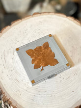 Load image into Gallery viewer, Vintage 1940s Midcentury VOLUPTE Silver Tone & Copper Rose Detailed Square Powder Mirror Compact
