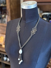 Load image into Gallery viewer, Vintage 1930s Art Deco Brass Filigree Panel Baroque Teardrop Faux Pearl Pendant Necklace 23.75”