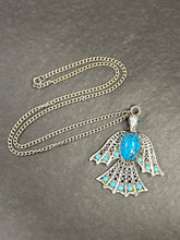 Load image into Gallery viewer, Vintage Southwestern Large Thunderbird Faux Turquoise Cabochon & Silver Tone Pendant Necklace Statement 24.25”