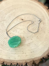 Load image into Gallery viewer, Vintage Carved Green Slag Glass Cabbage Rose Pendant Necklace Dainty Silver Tone Chain 15.25”