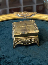 Load image into Gallery viewer, Antique Art Nouveau Gold Gilt Brass Footed Jewelry Trinket Box or Rosary Case Religious Cross | Silk Lined