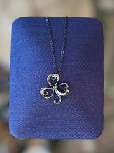 Load image into Gallery viewer, Vintage 1980s Signed Franklin Mint FM Sterling Silver & Emerald Open 3-Leaf Clover Shamrock Pendant Necklace 16.2”