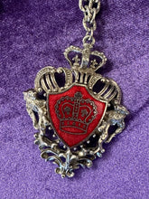 Load image into Gallery viewer, Vintage Midcentury Statement Lion Coat of Arms Shield Crown Silver Tone & Red Enamel Pendant Necklace 18.25”