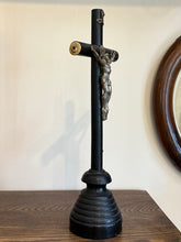 Load image into Gallery viewer, Antique Black Ebony Wood & Metal Altar Standing Tabletop Pedestal Crucifix Skull and Crossbones 11” Tall
