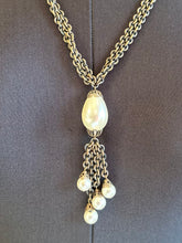 Load image into Gallery viewer, Vintage 1930s Art Deco Brass Filigree Panel Baroque Teardrop Faux Pearl Pendant Necklace 23.75”