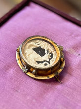 Load image into Gallery viewer, ANTIQUE Victorian Hand Carved Bone Stag Deer Tree Pictorial Landscape Gold Tone Gilt Metal Pinchbeck Brooch C-Clasp