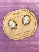 Load image into Gallery viewer, Vintage 1960s Deadstock New Old Stock GENO Richelieu Genuine Hand Carved Italian Cameo Gold Tone Clip on Screwback Earrings