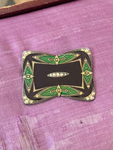 Load image into Gallery viewer, Vintage Signed CATHERINE POPESCO France Art Deco Art Nouveau Revival Purple & Green Enamel with Rhinestone Brooch and Pierced Earrings Set
