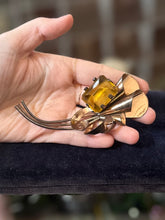 Load image into Gallery viewer, Vintage 1940s Signed BROOKRAFT Rose Gold Sterling Silver Faceted Yellow Topaz Glass Rhinestone Statement Brooch