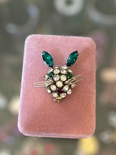 Load image into Gallery viewer, Vintage 1950s Unsigned Round Prong Set Clear, Emerald Green, & Red Rhinestones Dimensional Bunny with Whiskers Brooch Pin