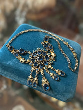 Load image into Gallery viewer, Vintage Blue Faceted Glass Rhinestone Gold Tone Medallion Dangle Bib Statement Necklace 16”