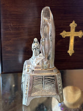 Load image into Gallery viewer, Vintage Art Deco Shiny Silver Tone Metal Statue Lourdes Apparition of Virgin Mary to St Bernadette 6” France