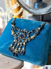 Load image into Gallery viewer, Vintage Blue Faceted Glass Rhinestone Gold Tone Medallion Dangle Bib Statement Necklace 16”
