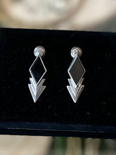 Load image into Gallery viewer, Vintage Modernist Sterling Silver & Beveled Black Onyx Diamond Shape Geometric Triangle Drop Earrings