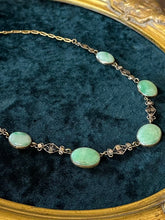Load image into Gallery viewer, Antique Vintage Art Deco 1920s 1930s Filigree Brass Natural Jadeite Jade Oval Cabochon Necklace 16.75”