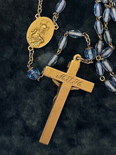 Load image into Gallery viewer, Antique Stamped XXX Triple Plated Gold Tone & Blue Faceted Crystal Rosary Beads Crucifix Engraved Monogram MJH Art Deco 22"