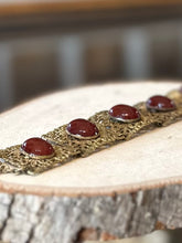 Load image into Gallery viewer, Antique 1910s 1920s Floral Brass & Hand Faceted Carnelian Cabochon Panel Link Bracelet Art Nouveau 7”