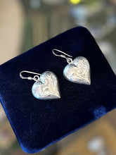 Load image into Gallery viewer, Vintage Sterling Silver Etched Puffy Heart Dangle Drop Earrings