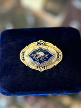 Load image into Gallery viewer, Vintage Midcentury Signed FREIRICH French Gold Plated & Navy Blue Enamel Mushroom Oval Brooch