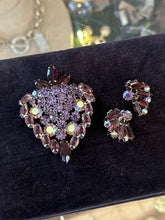 Load image into Gallery viewer, Vintage Midcentury Signed WEISS Purple & AB Aurora Borealis Rhinestone Brooch and Clip-on Earrings Set