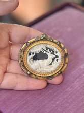 Load image into Gallery viewer, ANTIQUE Victorian Hand Carved Bone Stag Deer Tree Pictorial Landscape Gold Tone Gilt Metal Pinchbeck Brooch C-Clasp