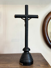 Load image into Gallery viewer, Antique Black Ebony Wood & Metal Altar Standing Tabletop Pedestal Crucifix Skull and Crossbones 11” Tall