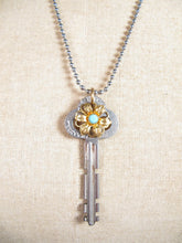 Load image into Gallery viewer, ‘GARDEN KEY’ Handmade Charm Cluster Necklace Vintage Terryville Conn Key Blue Rhinestone Flower Charm