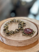 Load image into Gallery viewer, Vintage Midcentury Gold Tone Victorian Revival Red Glass Intaglio Cameo Fob Charm Bracelet 7”