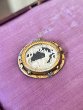 Load image into Gallery viewer, ANTIQUE Victorian Hand Carved Bone Stag Deer Tree Pictorial Landscape Gold Tone Gilt Metal Pinchbeck Brooch C-Clasp