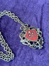 Load image into Gallery viewer, Vintage Midcentury Statement Lion Coat of Arms Shield Crown Silver Tone & Red Enamel Pendant Necklace 18.25”