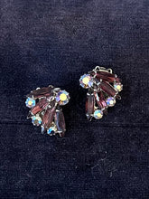 Load image into Gallery viewer, Vintage Midcentury Signed WEISS Purple & AB Aurora Borealis Rhinestone Brooch and Clip-on Earrings Set