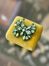 Load image into Gallery viewer, Vintage Signed REGENCY Green & Aurora Borealis Faceted Rhinestone Butterfly Brooch Midcentury