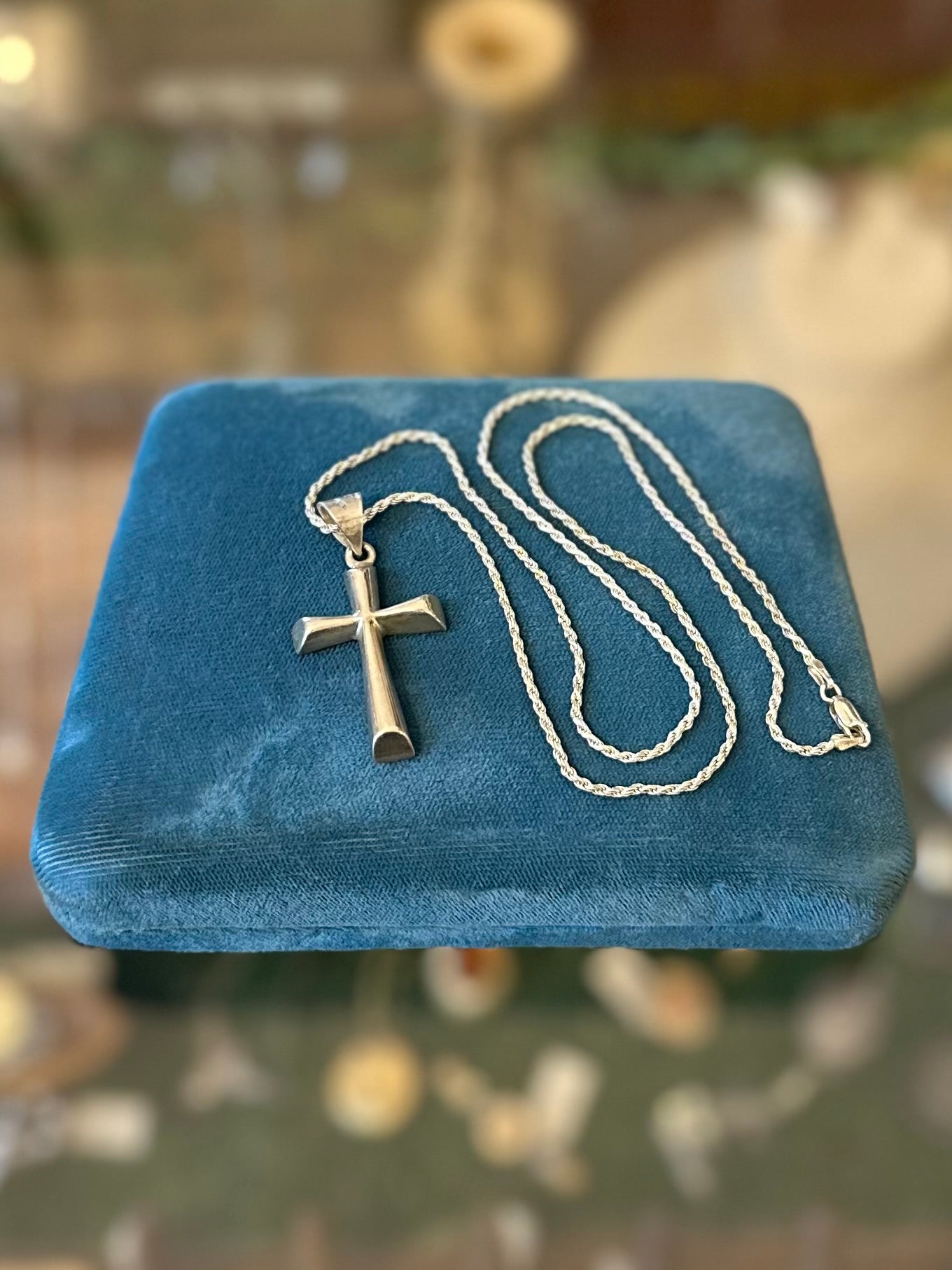 Vintage Sterling Silver Taxco Mexico Unisex Solid Cross Rope Chain