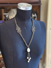 Load image into Gallery viewer, Vintage 1930s Art Deco Brass Filigree Panel Baroque Teardrop Faux Pearl Pendant Necklace 23.75”
